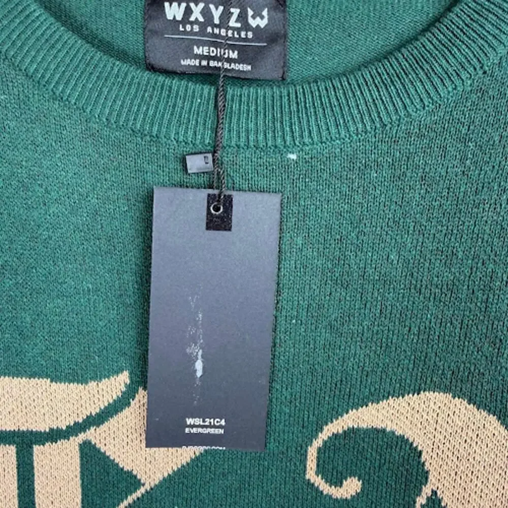 WXYZ Los Angeles Gothic City Of Angels‎ Logo Knit Sweater Green M NWT $98 MSRP